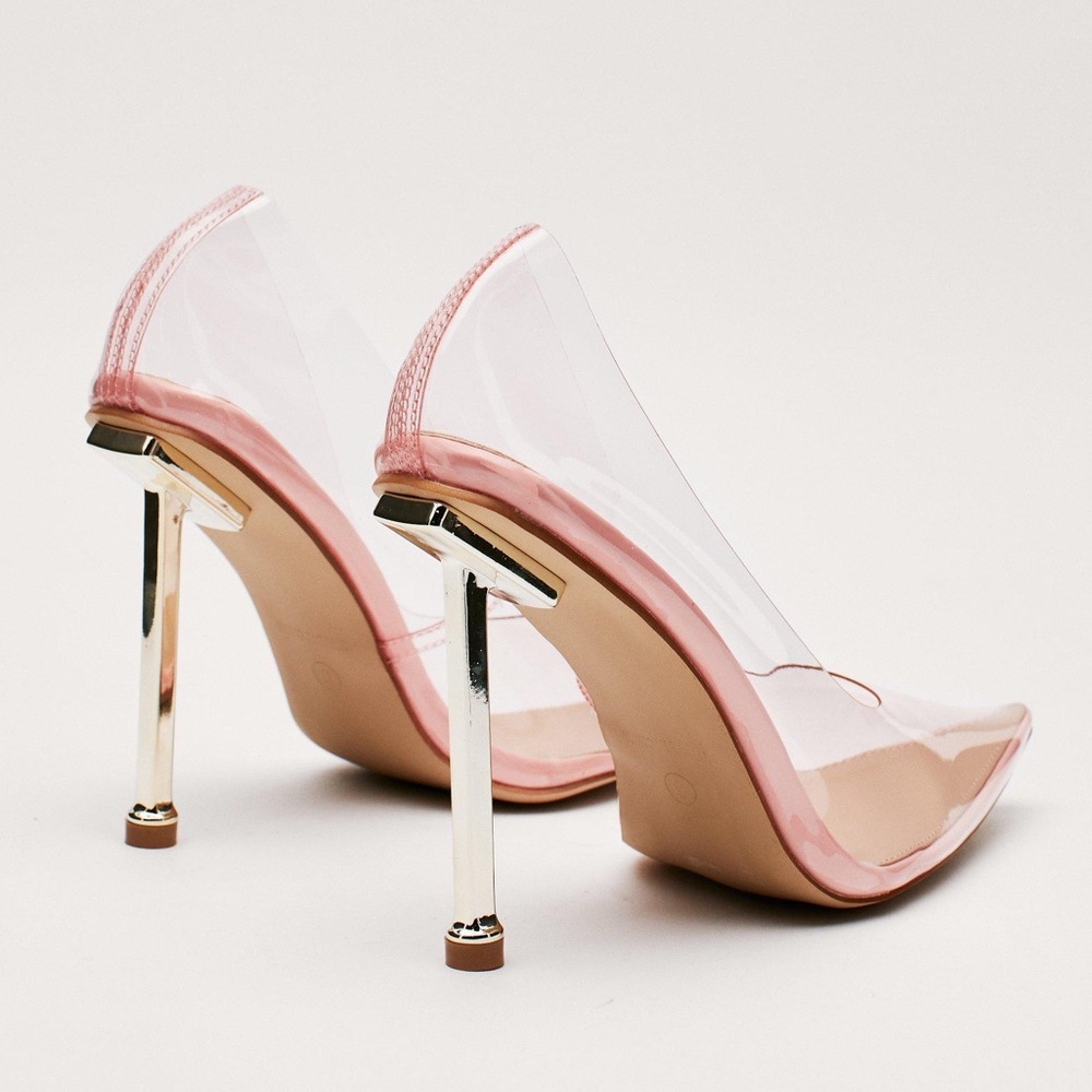 NASTY GAL Clear Transparent Pointed Stiletto Court Shoes with Gold Heel Size 7